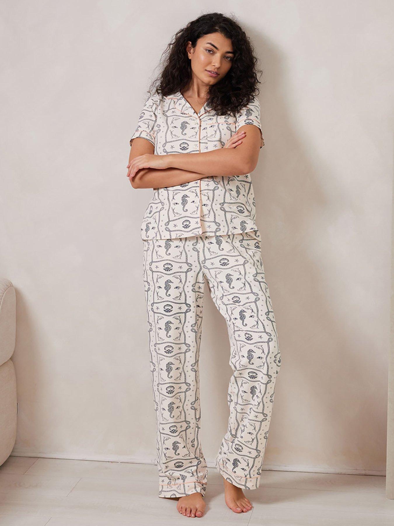 undefined Short Sleeve Shirt And Regular Long Bottoms Pyjama Set - Seahorse Scarf Print