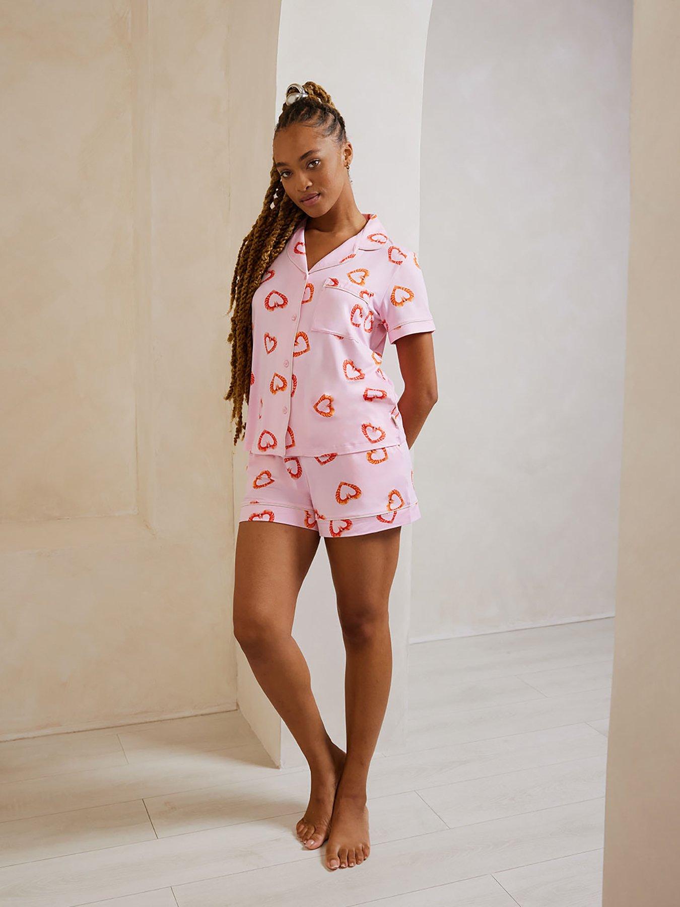  image of chelsea-peers-short-sleeve-shirt-and-short-pyjama-set-love-heart-shrimp-pink