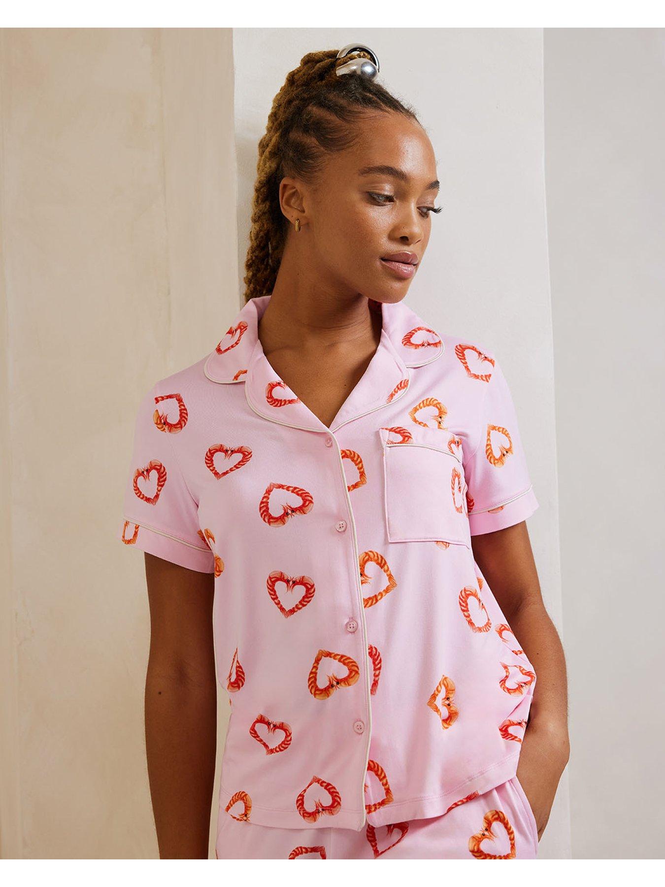  image of chelsea-peers-short-sleeve-shirt-and-short-pyjama-set-love-heart-shrimp-pink