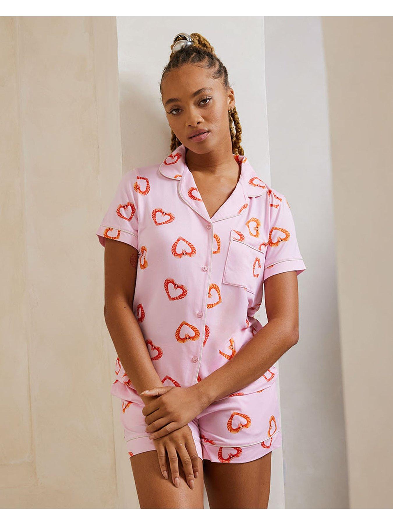  image of chelsea-peers-short-sleeve-shirt-and-short-pyjama-set-love-heart-shrimp-pink
