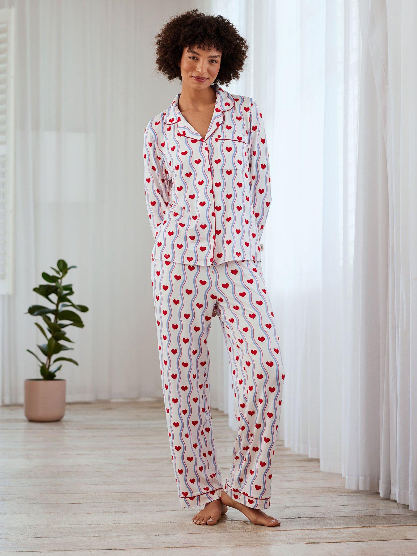 undefined Heart Wave Stripe Button Up Long Pyjama Set - White