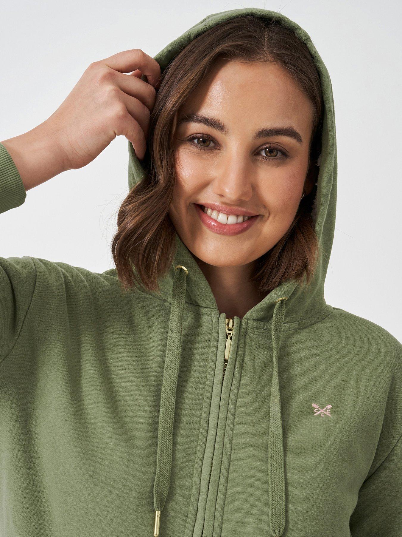  image of crew-clothing-borg-lined-zip-through-hoodie-green