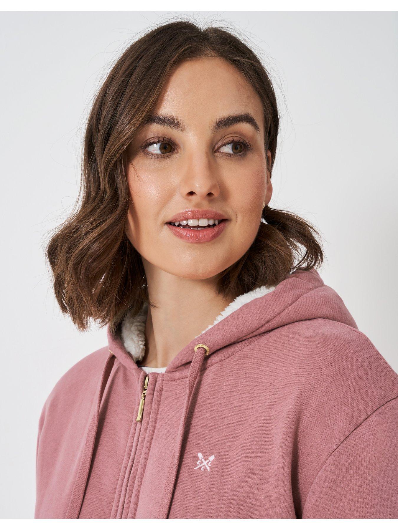  image of crew-clothing-borg-lined-zip-through-hoodie-pink