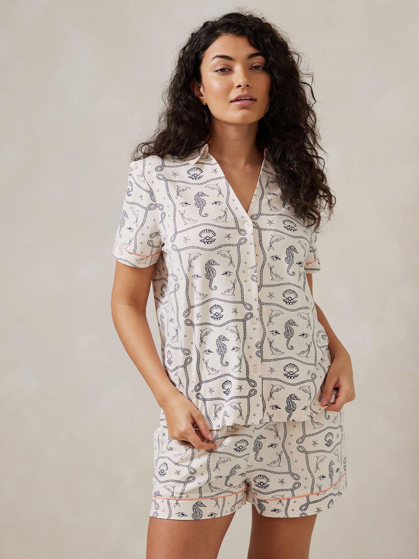 undefined V Neck Button Up Short Pyjama Set - Sea Horse Scarf Print
