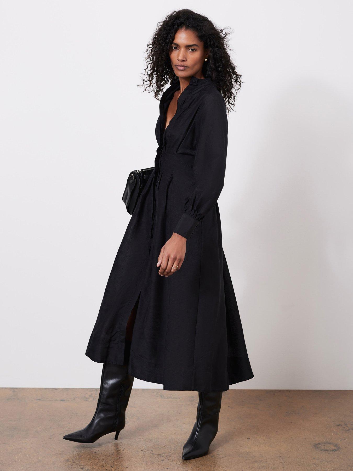 undefined Pleated Midi Shirt Dress - Black