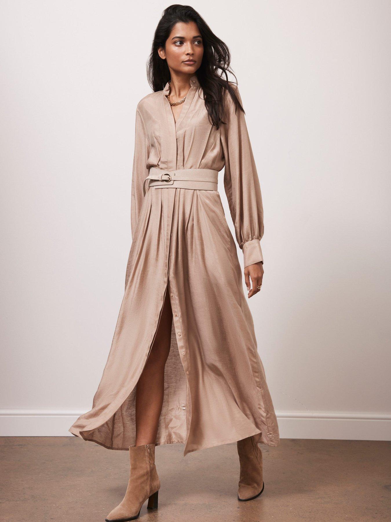  image of mint-velvet-pleated-maxi-shirt-dress-beige