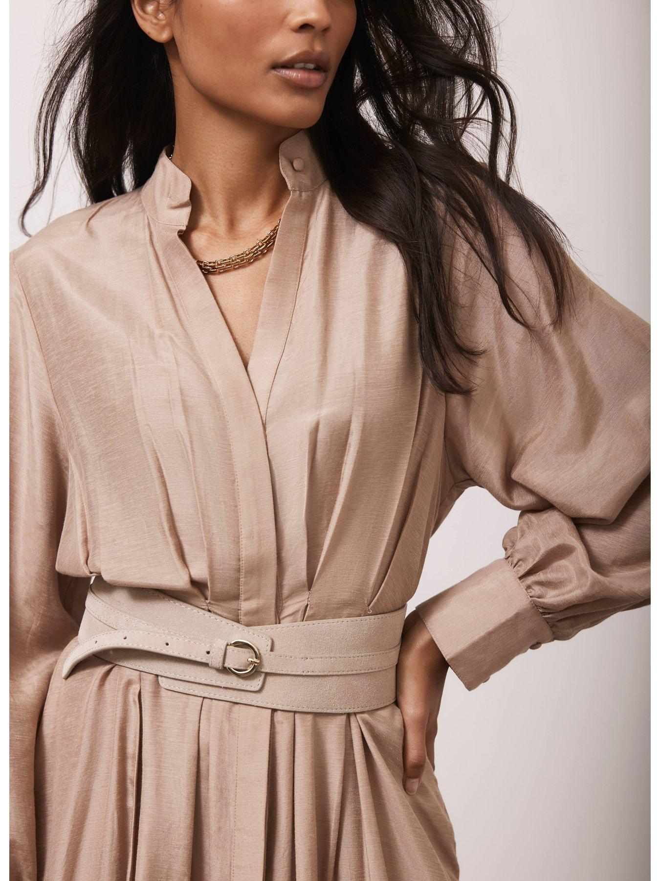  image of mint-velvet-pleated-maxi-shirt-dress-beige