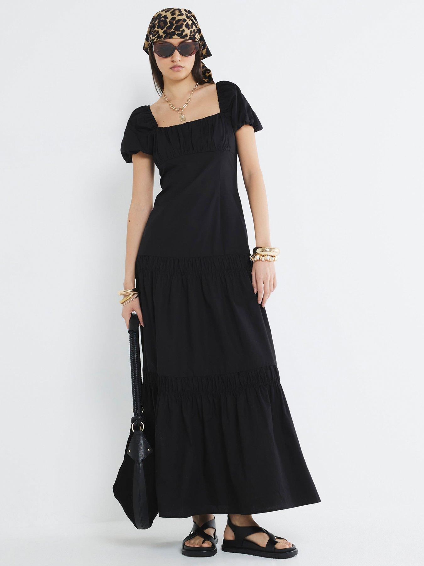 undefined Puff Sleeve Tea Mid Dress - Black