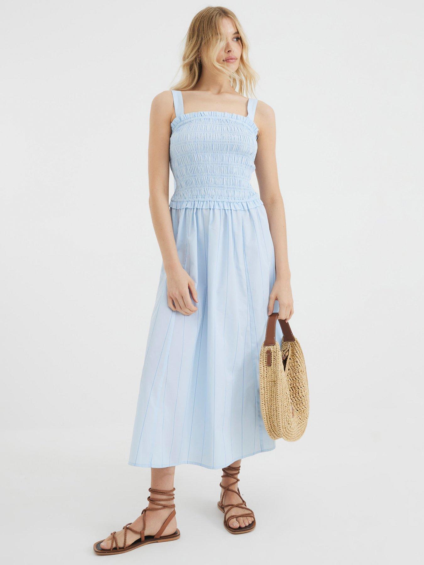 River Island Shirred Midi Dress - Blue