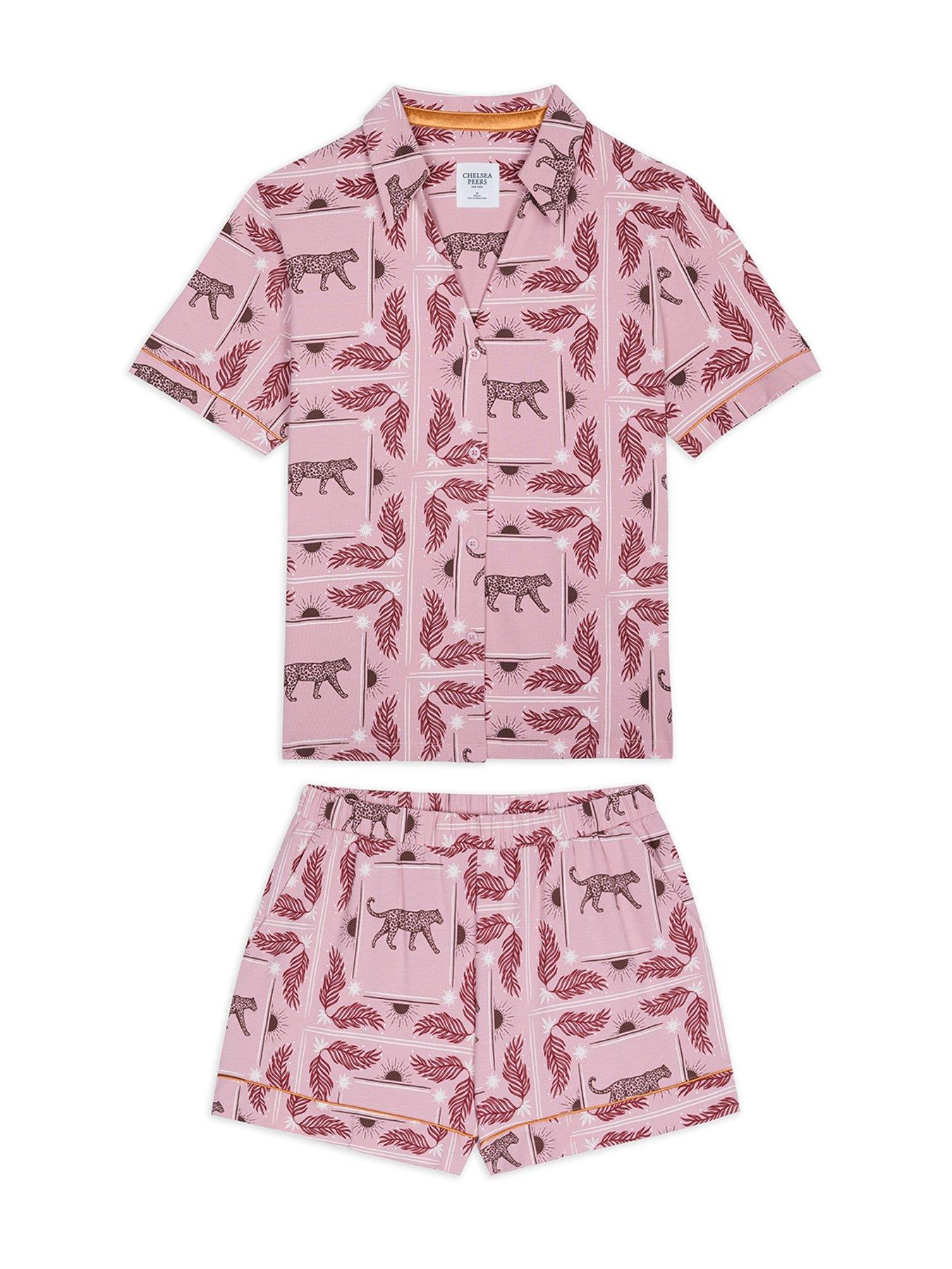  image of chelsea-peers-v-neck-button-up-short-sleeve-pyjama-set-leopard-scarf-print