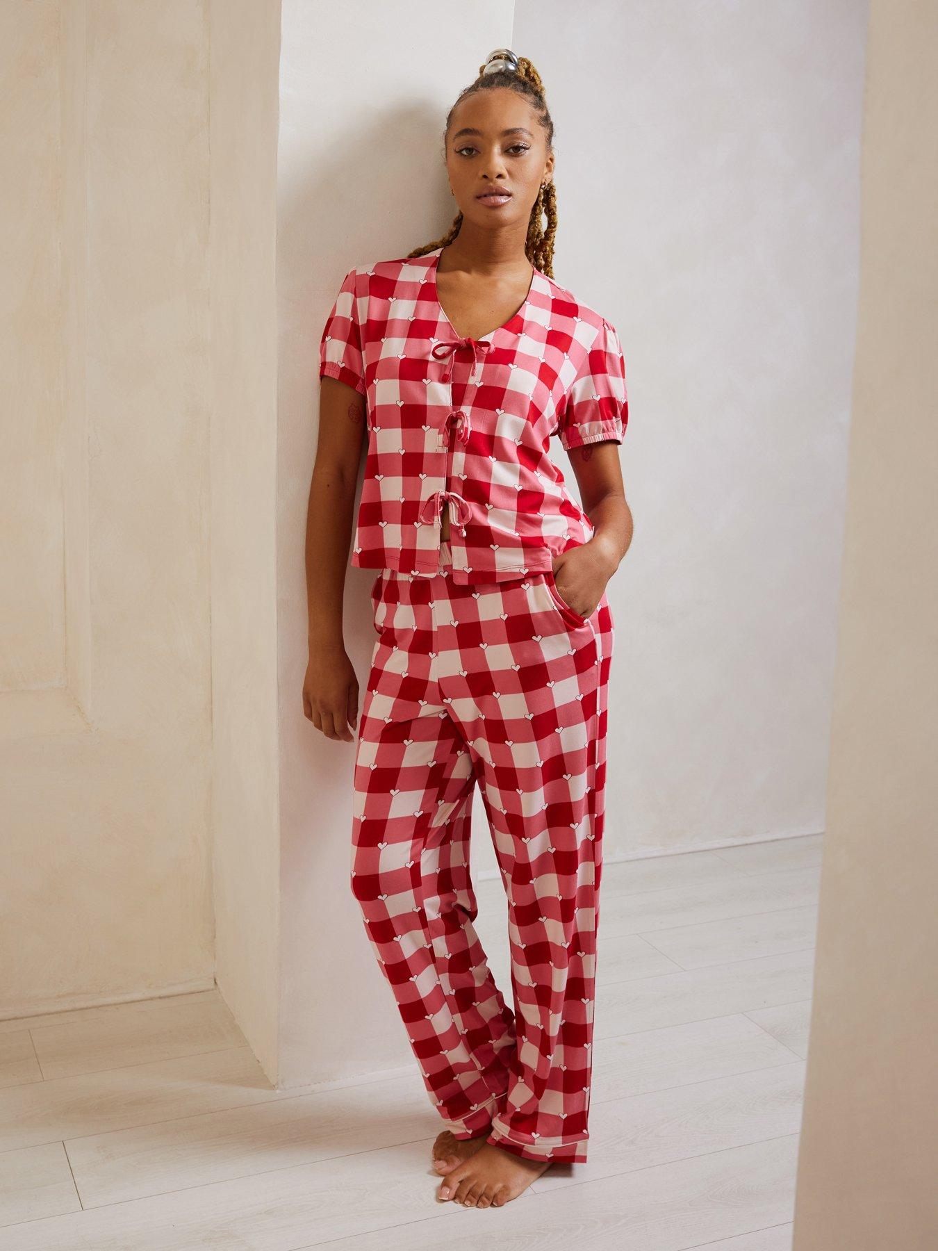 undefined Gingham Heart Tie Front Long Pyjama Set - Red