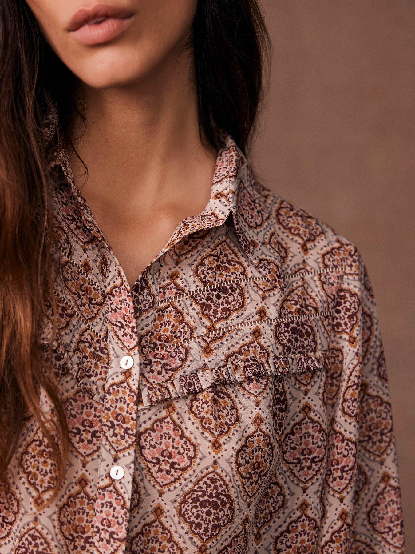  image of mint-velvet-neutral-geometric-print-shirt-beige