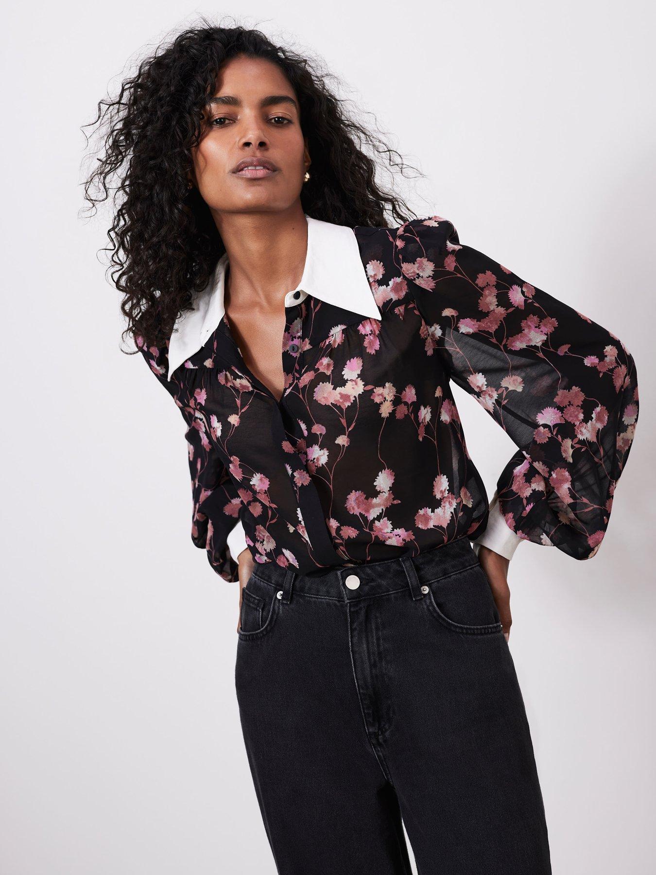  image of mint-velvet-floral-print-shirt-black
