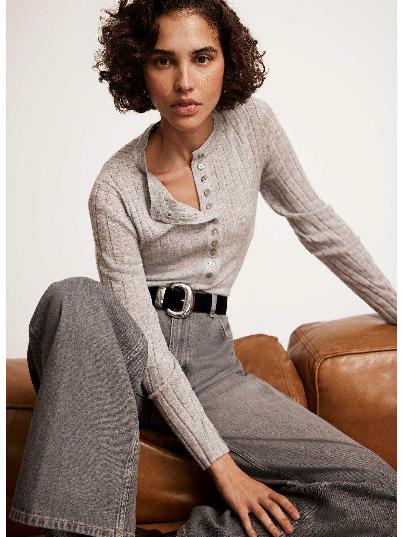  image of mint-velvet-rib-polo-knit-top-grey