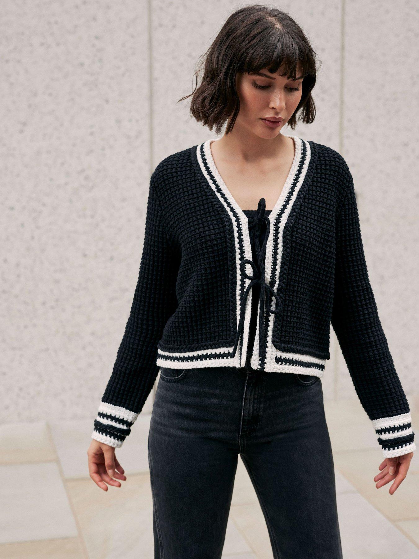  image of mint-velvet-contrast-cotton-blend-trim-cardigan-black