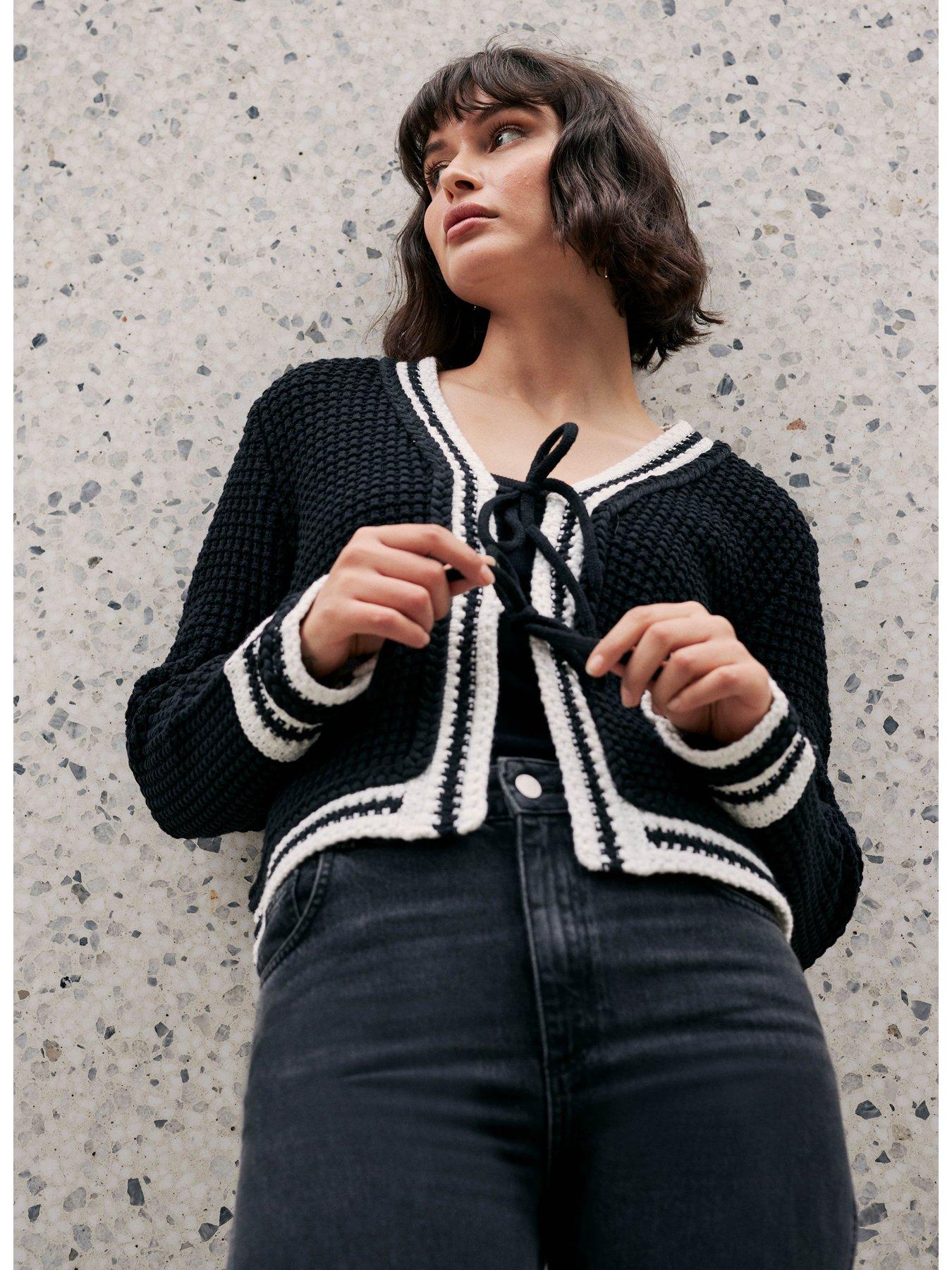  image of mint-velvet-contrast-cotton-blend-trim-cardigan-black