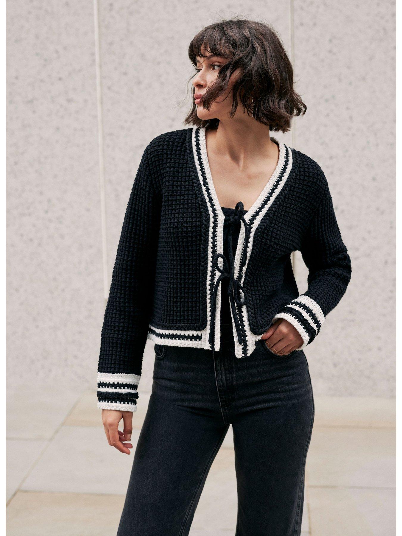  image of mint-velvet-contrast-cotton-blend-trim-cardigan-black