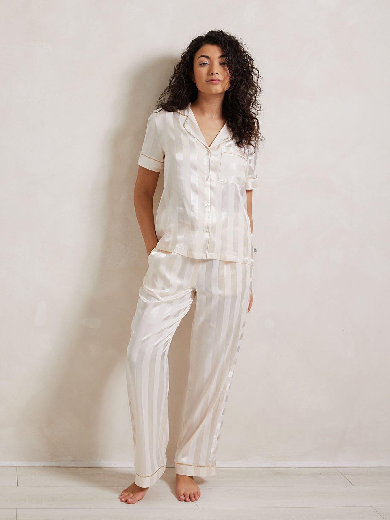 undefined Long Button Up Set With Short Sleeves In Satin Jaquard Stripe - White