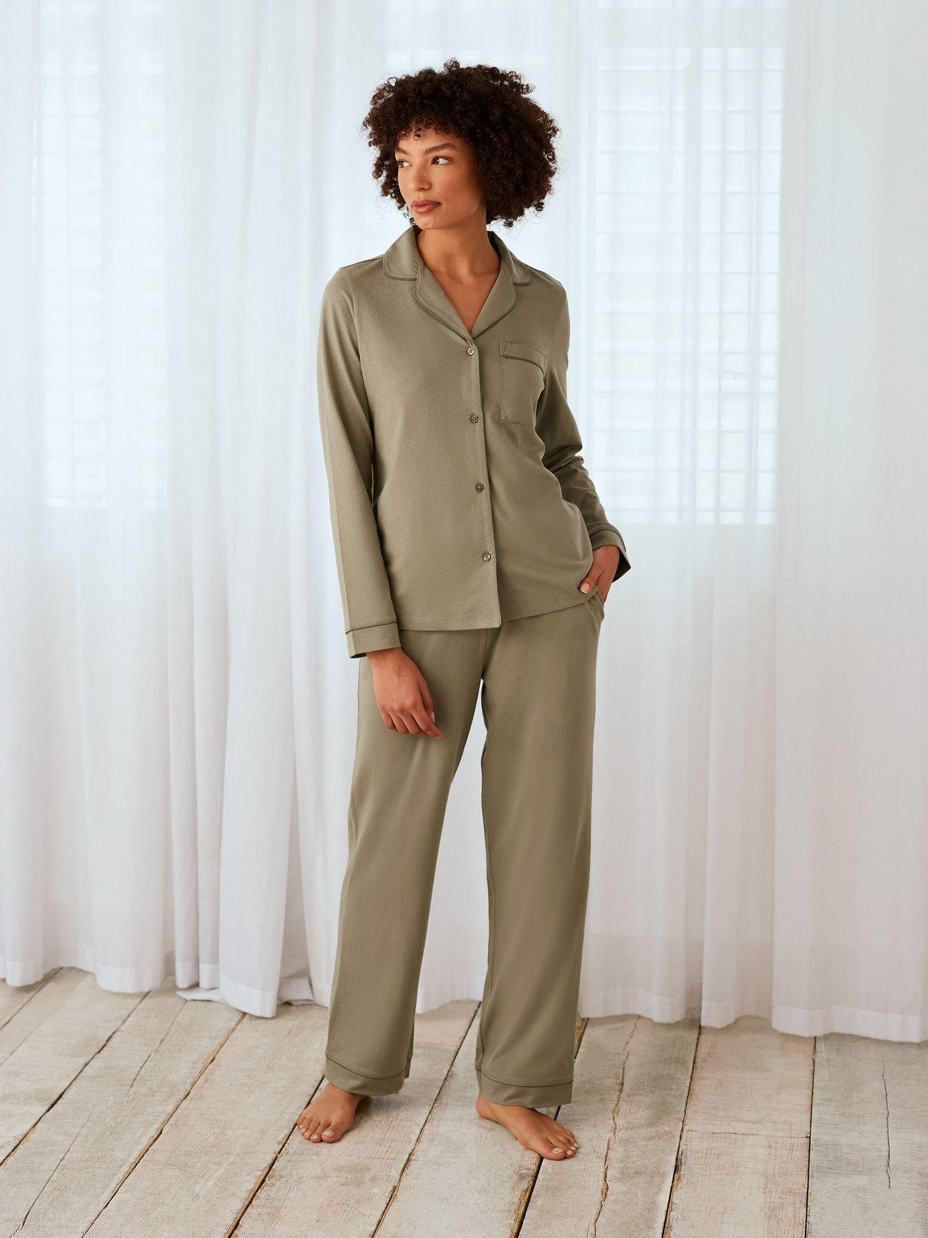 undefined Button Up Long Pyjama Set In Jersey Cotton - Green