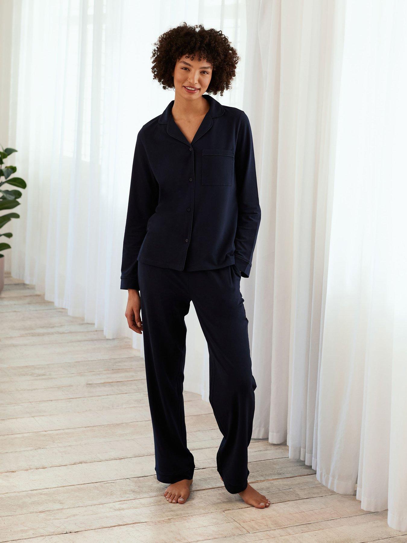 undefined Button Up Long Pyjama Set In Jersey Cotton - Navy