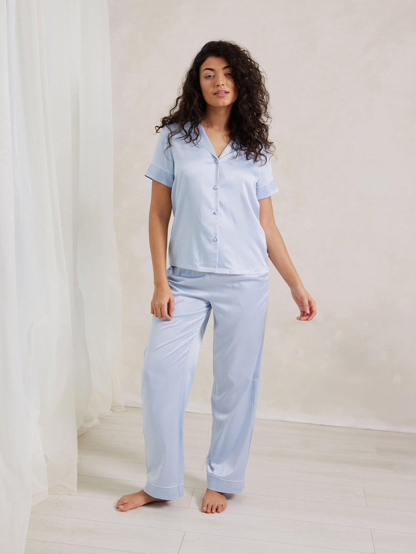 undefined Long Button Up Pyjama Set Satin With Lace Trim - Blue