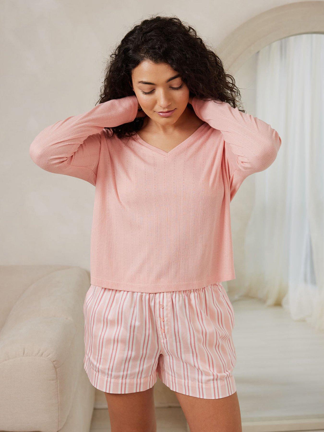 undefined Long V Neck Pointelle Top And Short Pyjama Set  - Stripe - Pink
