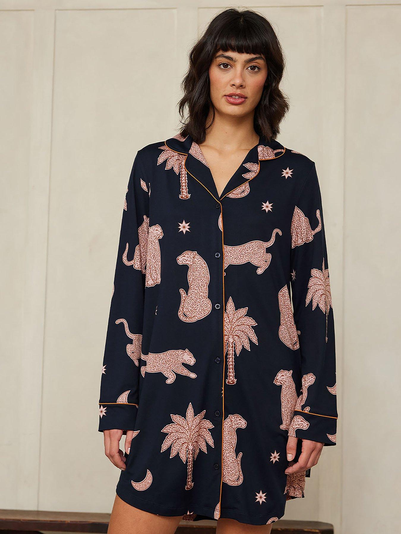 undefined Long Sleeve Button Front Night Shirt - Abstract Shapes Leopards - Navy