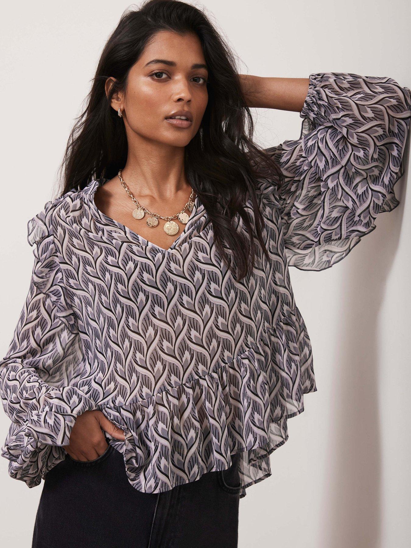  image of mint-velvet-geo-print-ruffle-blouse-grey