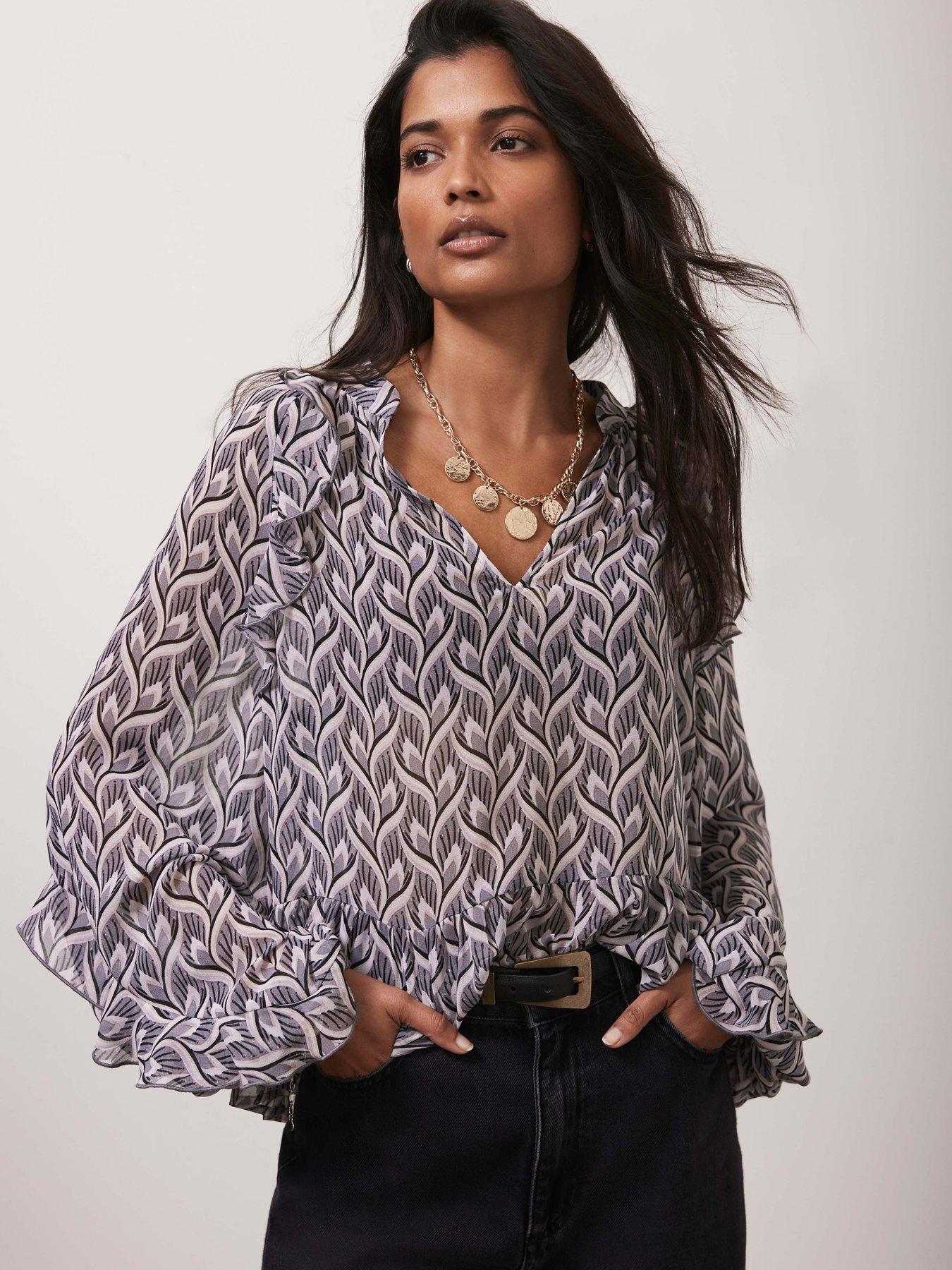  image of mint-velvet-geo-print-ruffle-blouse-grey
