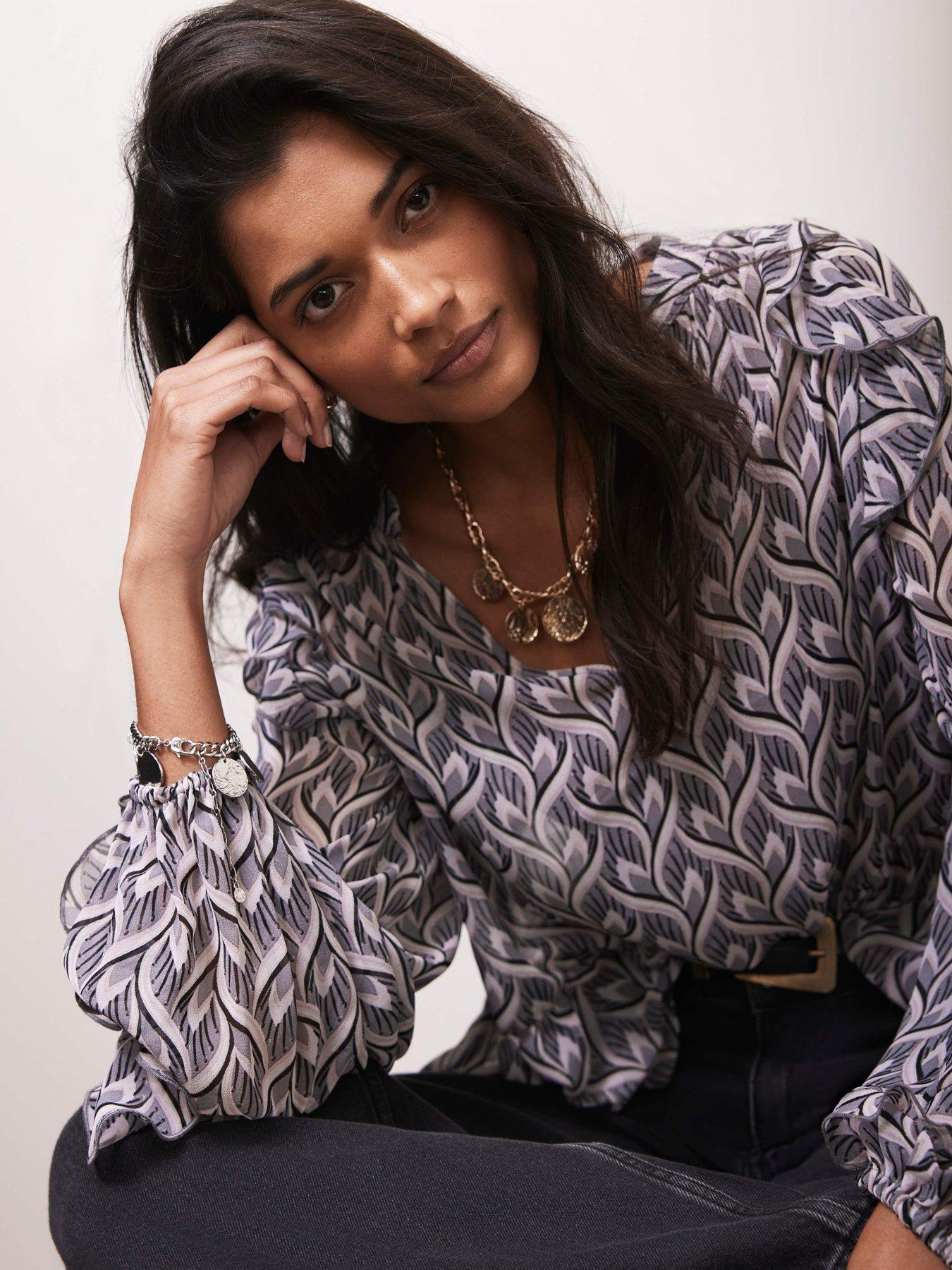  image of mint-velvet-geo-print-ruffle-blouse-grey