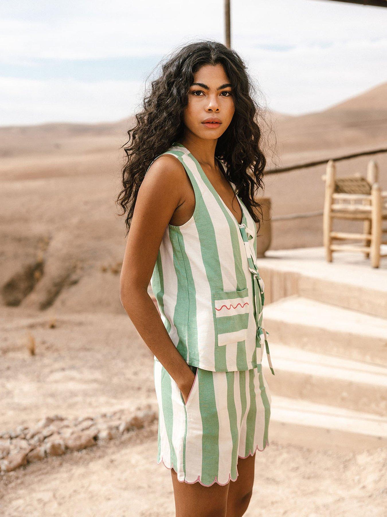 Image 3 of 5 of CHELSEA PEERS Tie Front Top With Front Pockets And Scallop Shorts -&nbsp;STRIPE