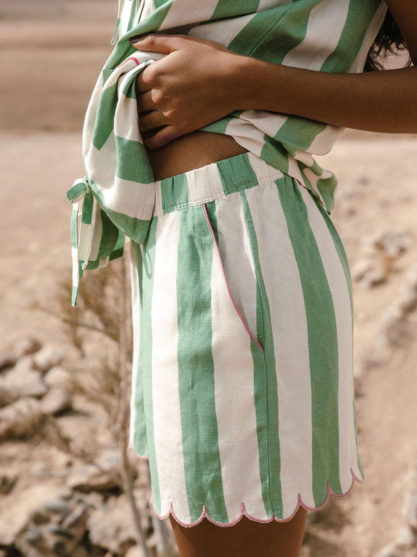 Image 4 of 5 of CHELSEA PEERS Tie Front Top With Front Pockets And Scallop Shorts -&nbsp;STRIPE