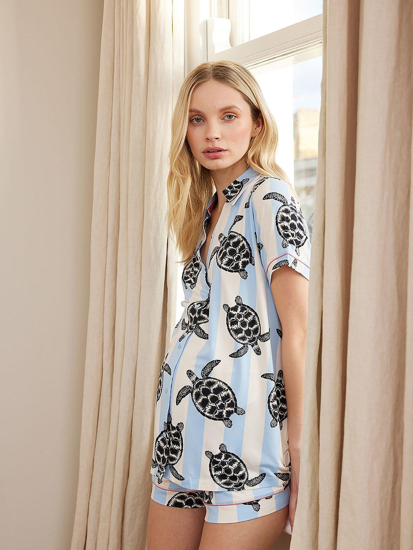  image of chelsea-peers-v-neck-button-up-short-pyjama-set-turtle-stripe