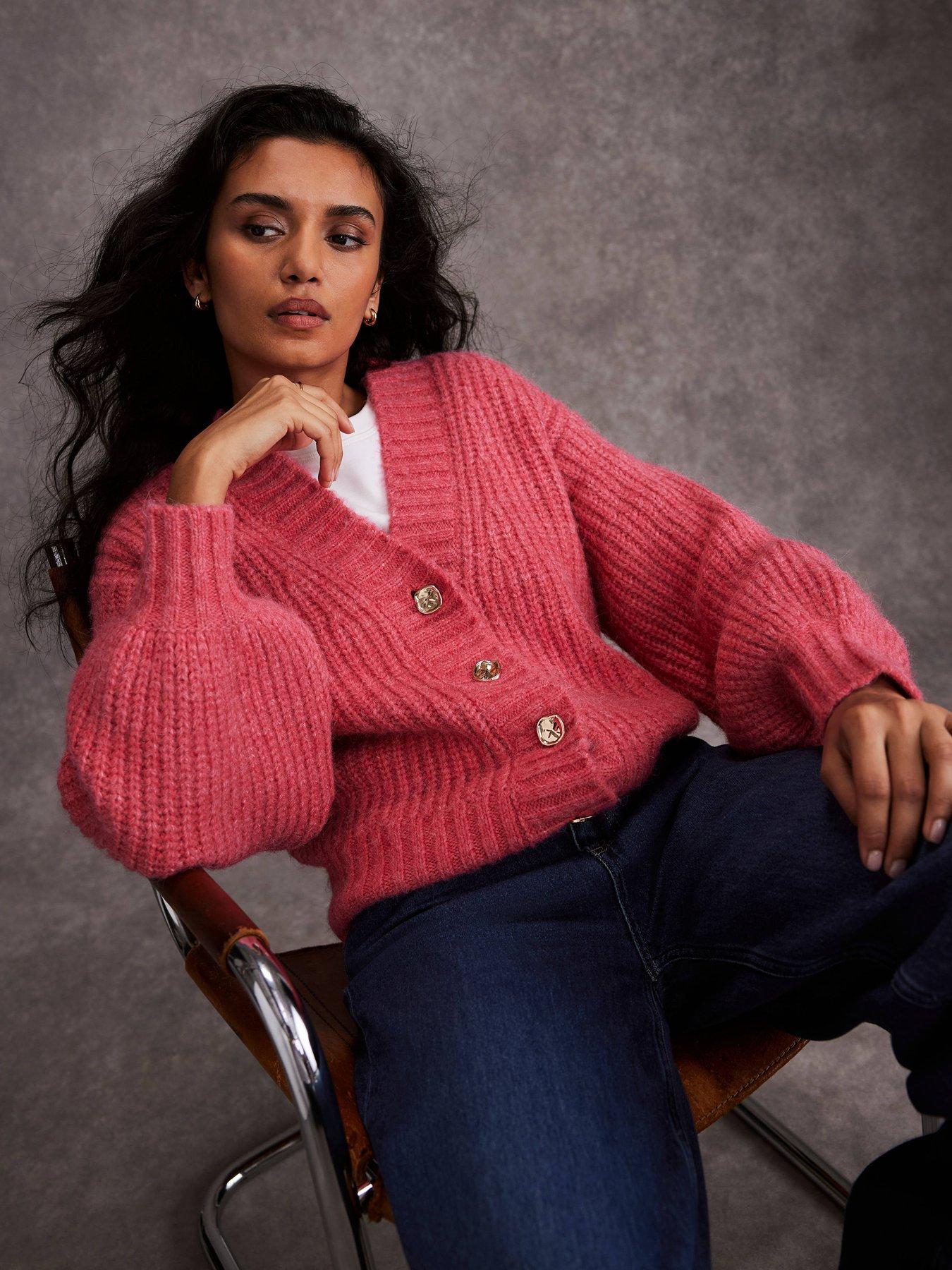  image of mint-velvet-wool-blend-balloon-sleeve-cardigan-pink