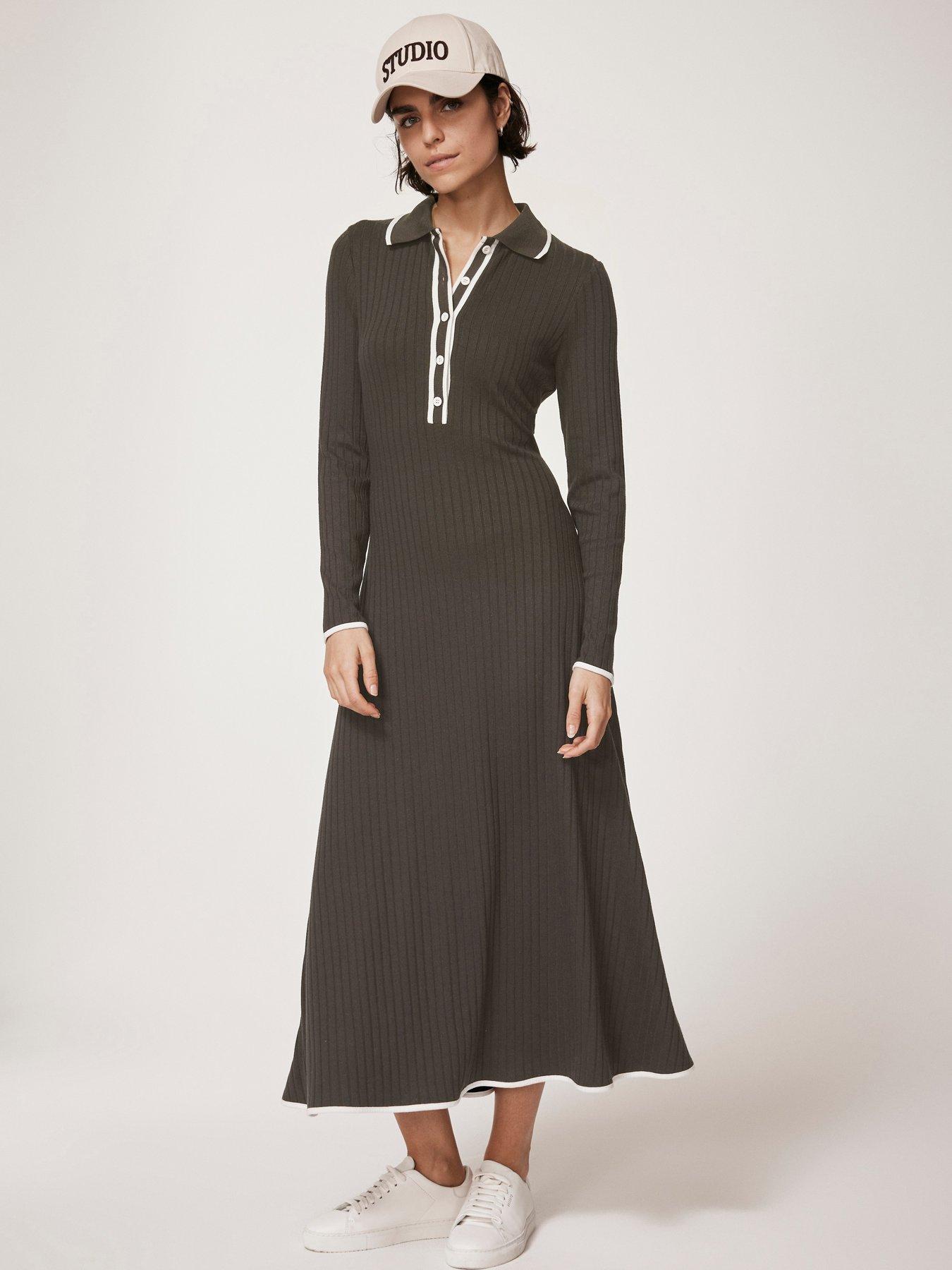 undefined Ribbed Contrast Trim Polo Midi Dress - Khaki