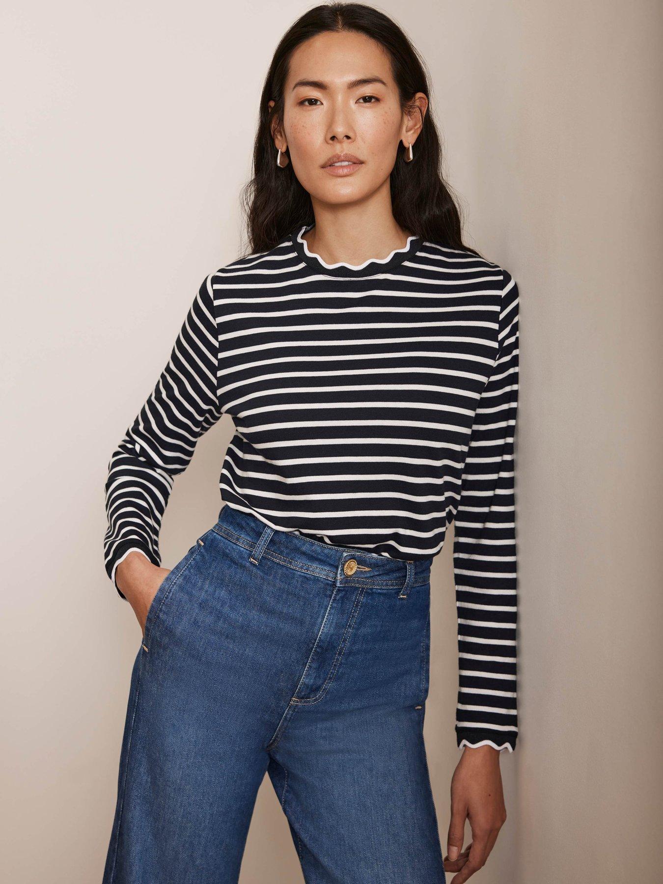  image of mint-velvet-striped-ruffle-trim-top-navy
