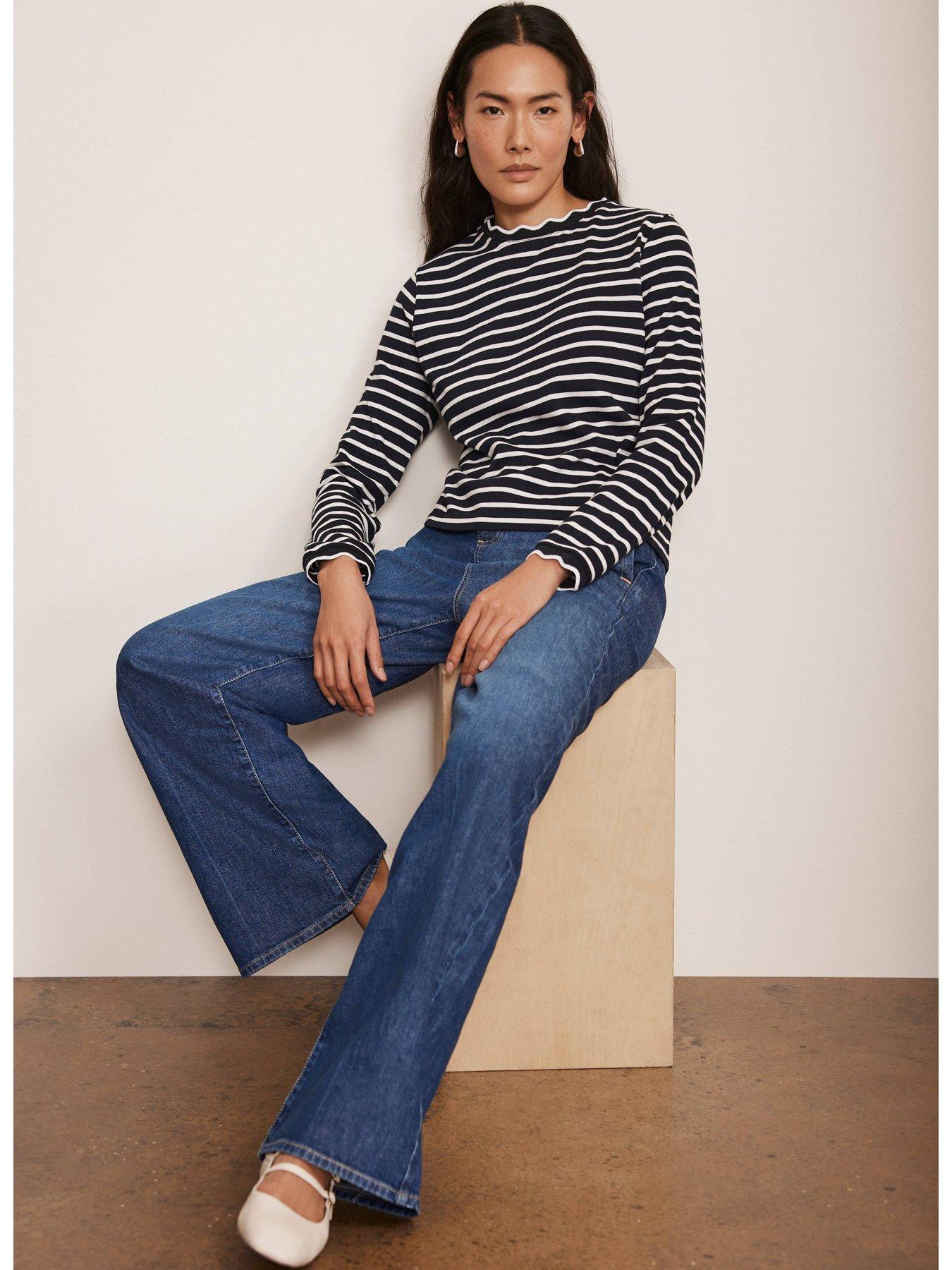  image of mint-velvet-striped-ruffle-trim-top-navy