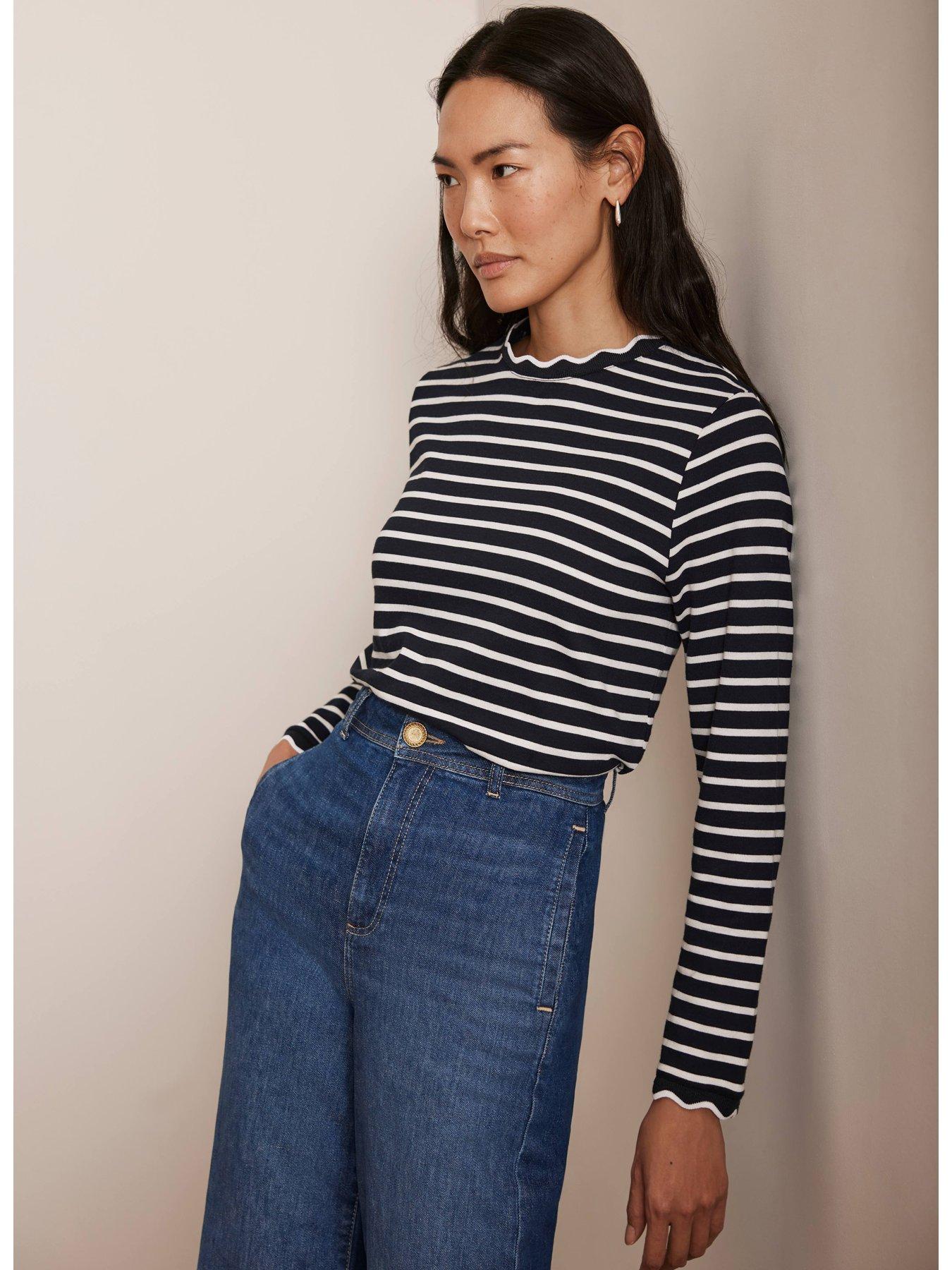  image of mint-velvet-striped-ruffle-trim-top-navy