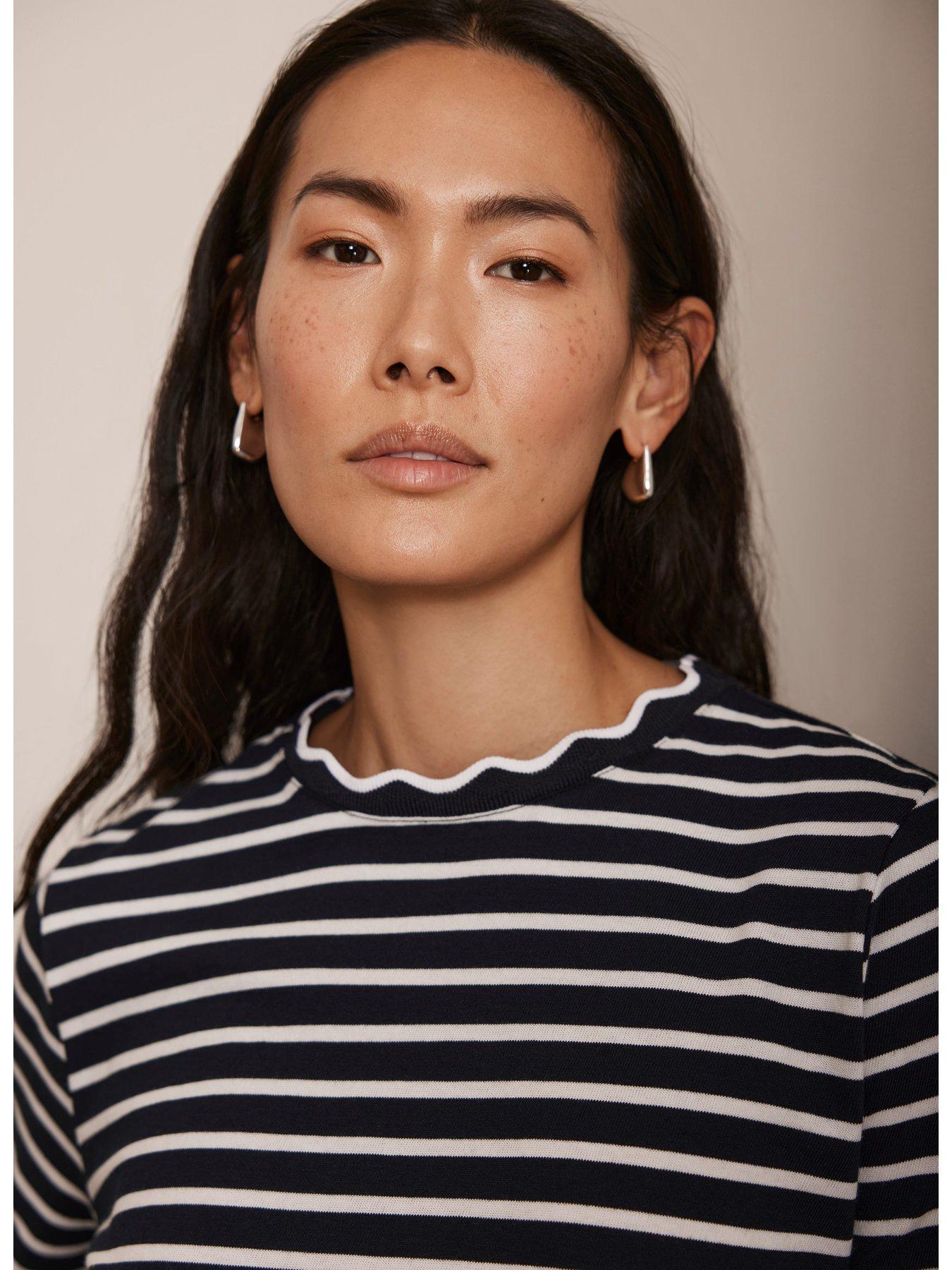  image of mint-velvet-striped-ruffle-trim-top-navy