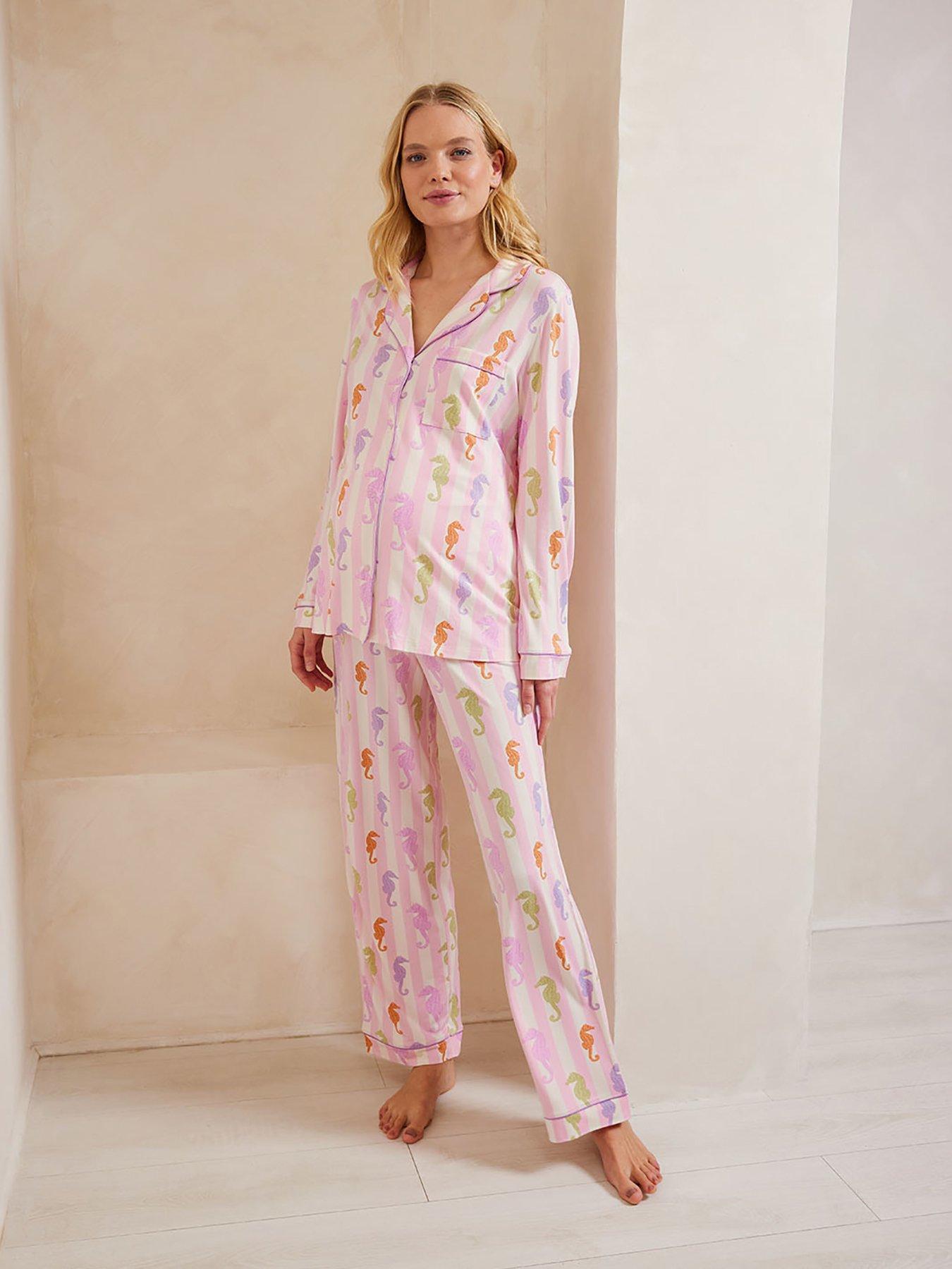 image of chelsea-peers-maternity-seahorse-print-stripe-pyjama-set-seahorse-print