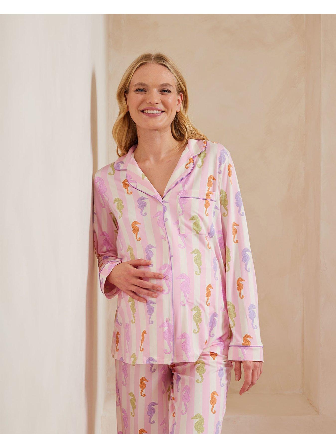  image of chelsea-peers-maternity-seahorse-print-stripe-pyjama-set-seahorse-print