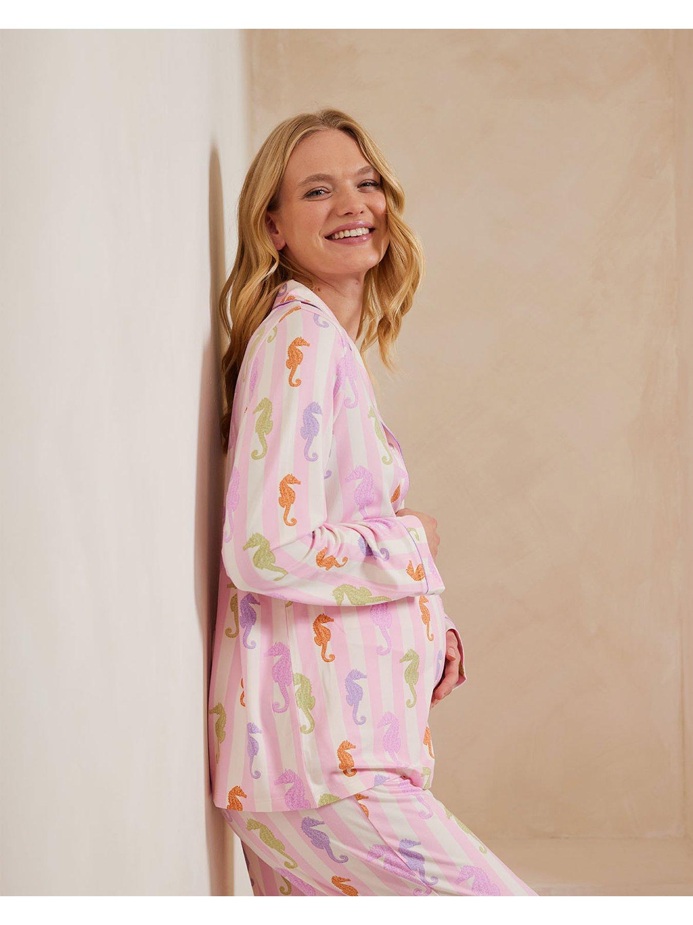  image of chelsea-peers-maternity-seahorse-print-stripe-pyjama-set-seahorse-print