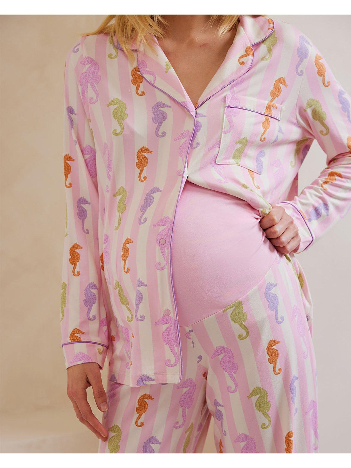  image of chelsea-peers-maternity-seahorse-print-stripe-pyjama-set-seahorse-print