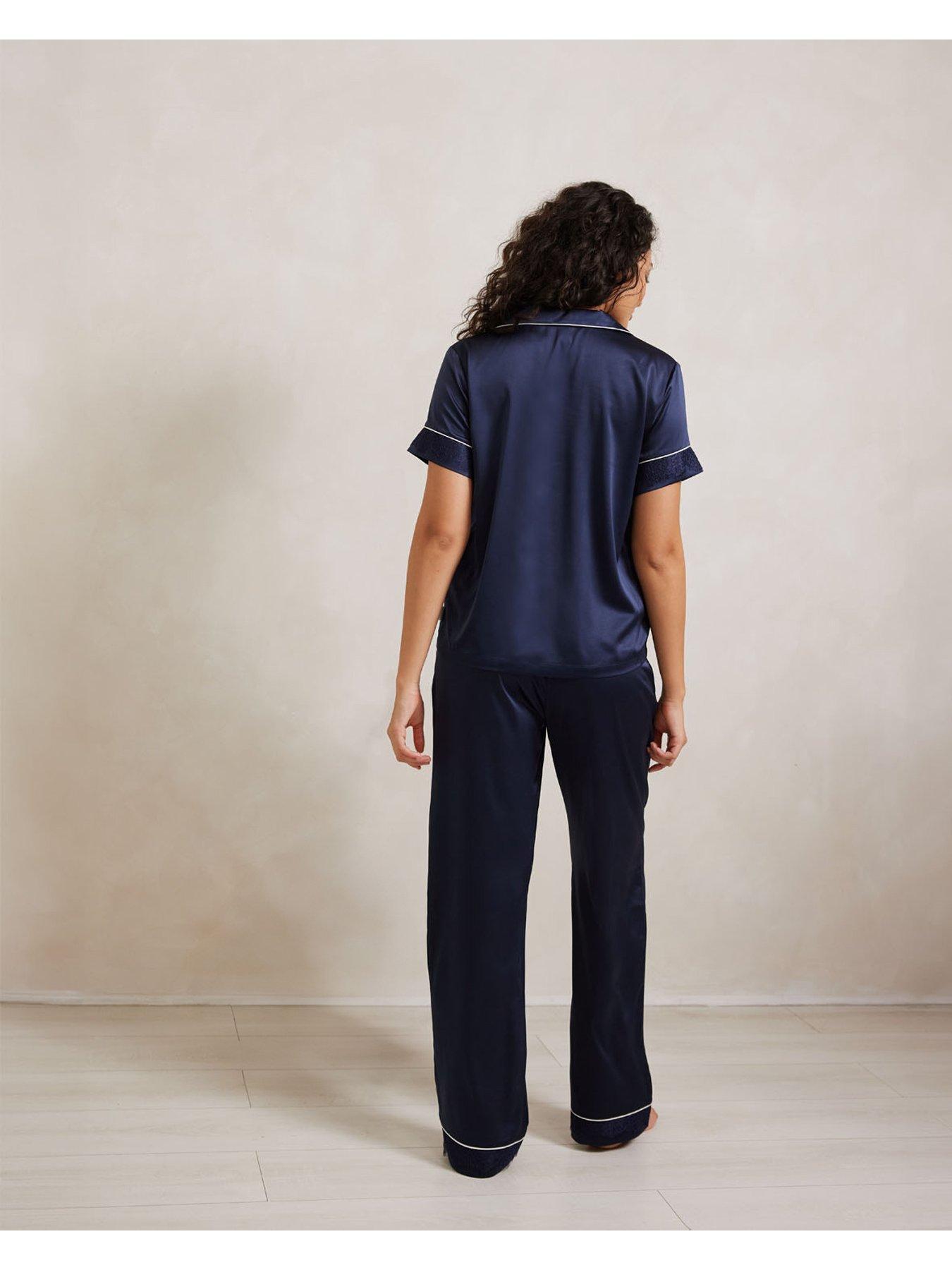 Image 2 of 5 of CHELSEA PEERS Satin Lace Trim Short Sleeve Long Pyjama Set - Navy