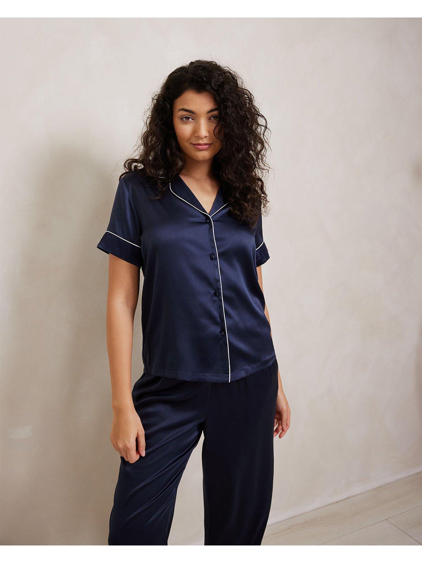 Image 3 of 5 of CHELSEA PEERS Satin Lace Trim Short Sleeve Long Pyjama Set - Navy