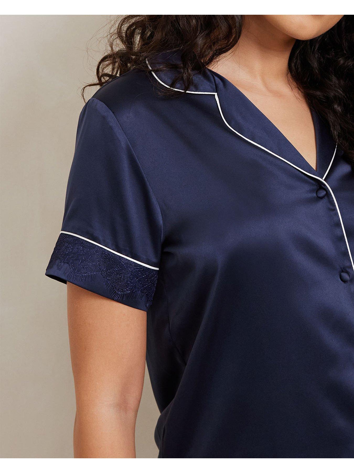 Image 4 of 5 of CHELSEA PEERS Satin Lace Trim Short Sleeve Long Pyjama Set - Navy