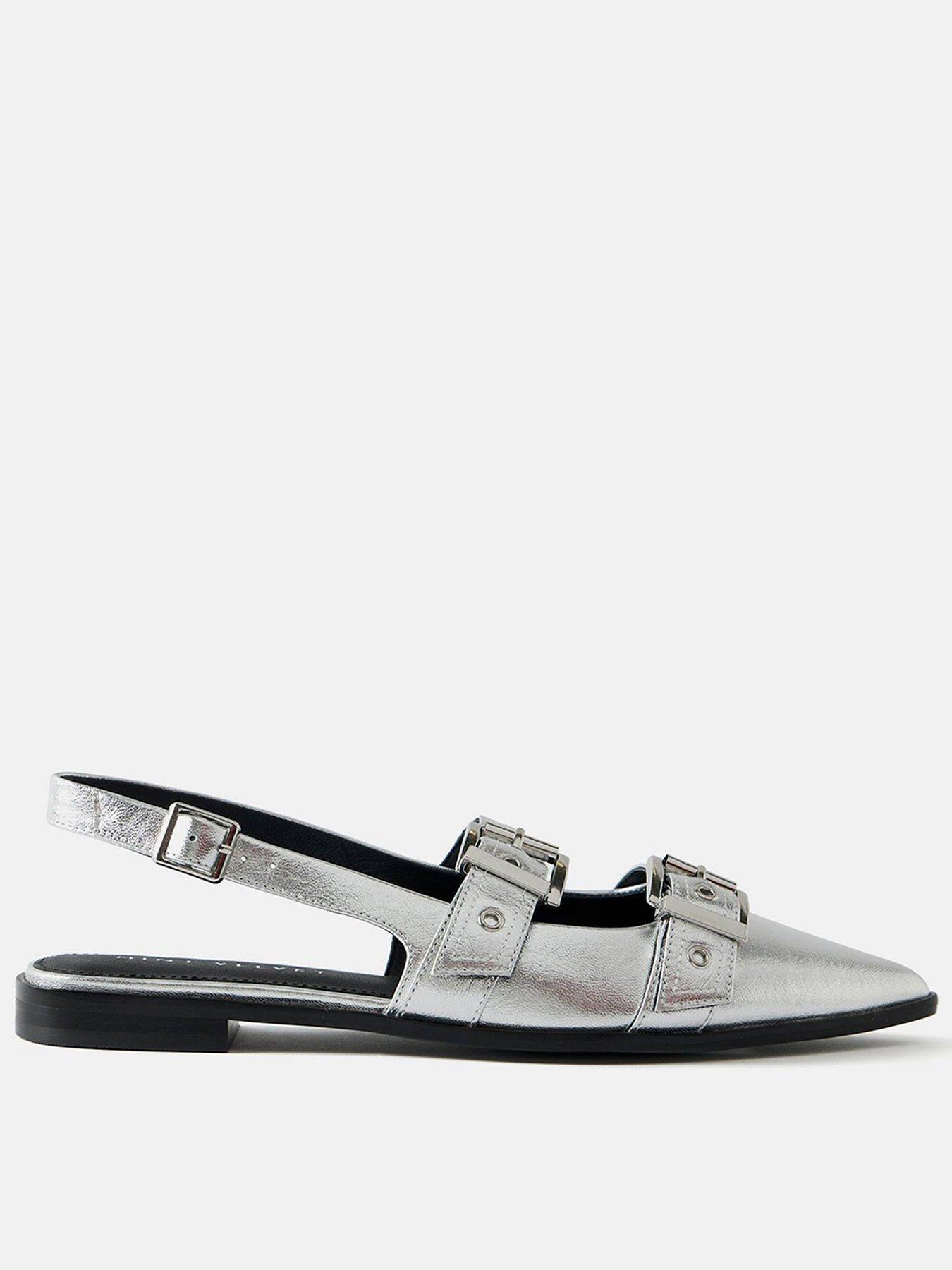  image of mint-velvet-leather-buckled-flat-shoes-silver