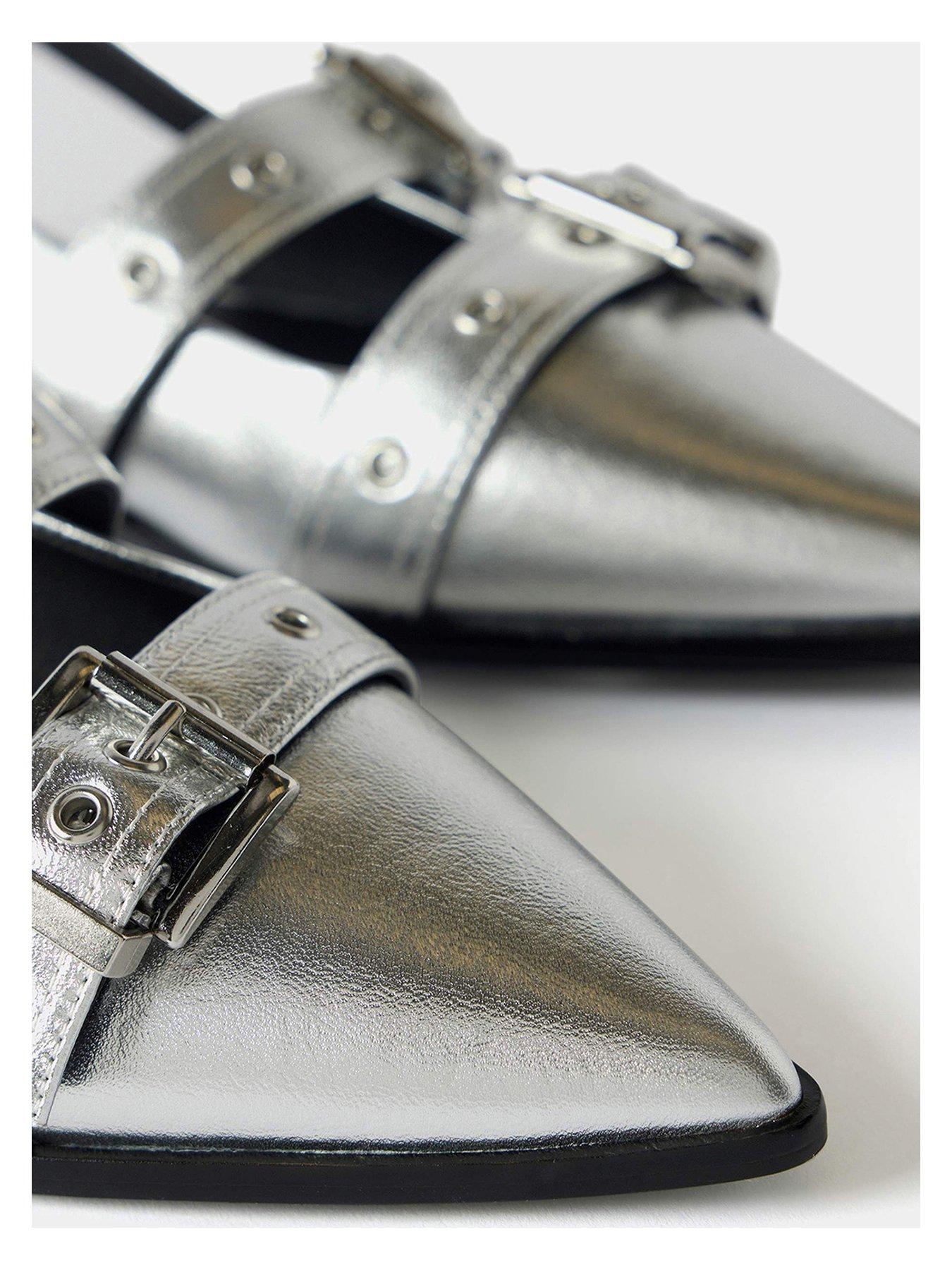  image of mint-velvet-leather-buckled-flat-shoes-silver