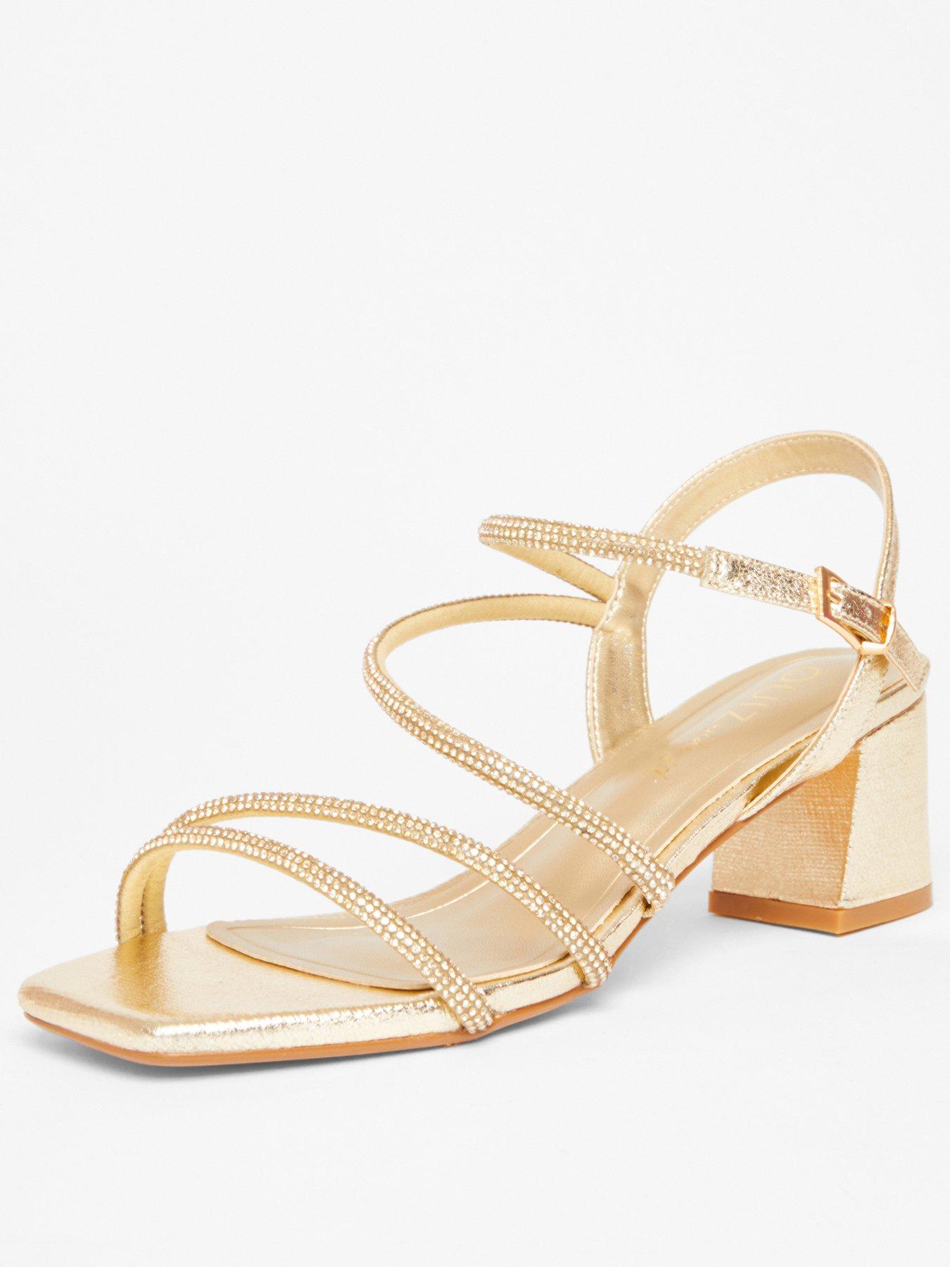  image of quiz-wide-fit-gold-diamante-block-heels