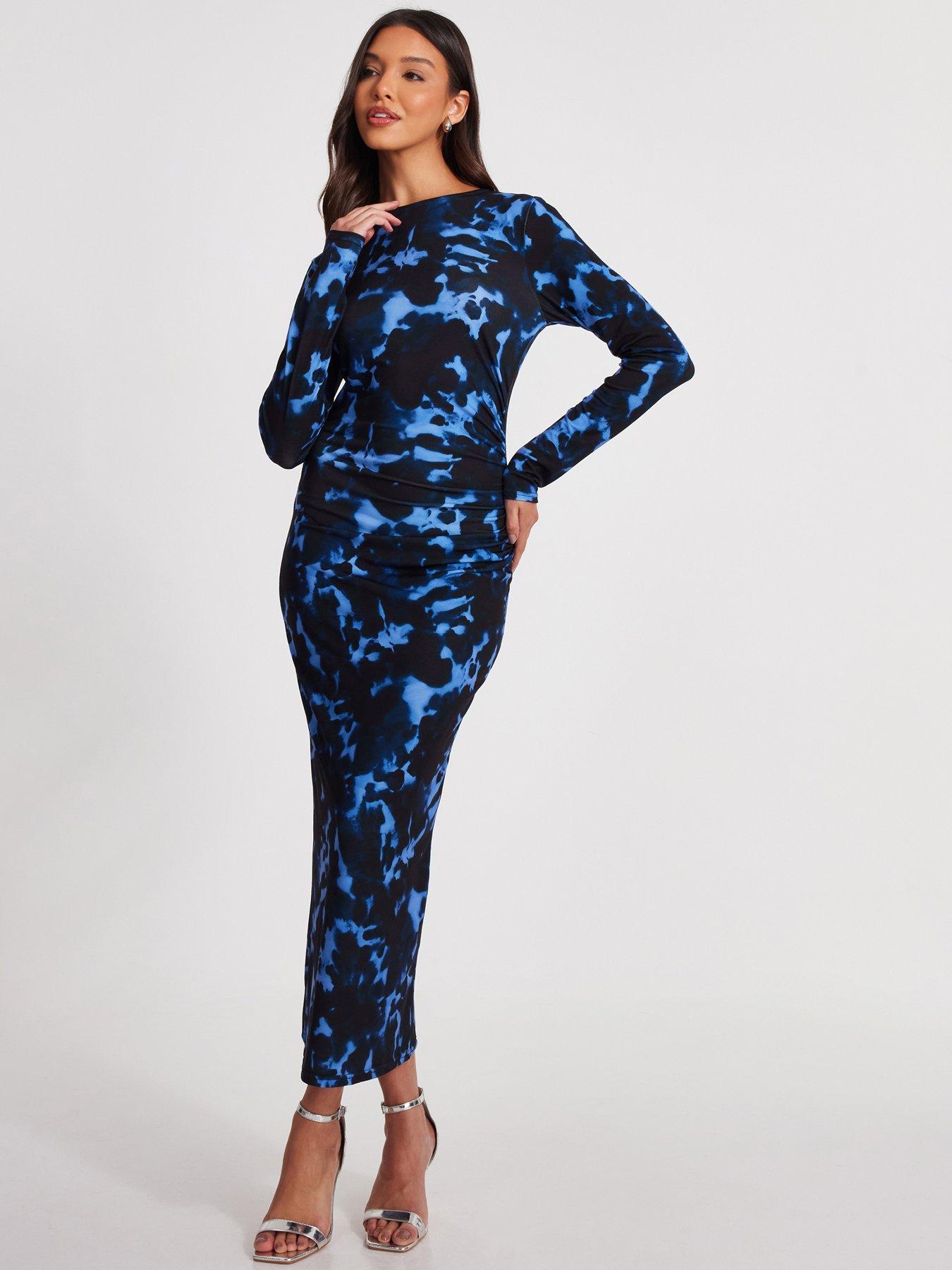 undefined Blue Marble Ruched Midi Dress
